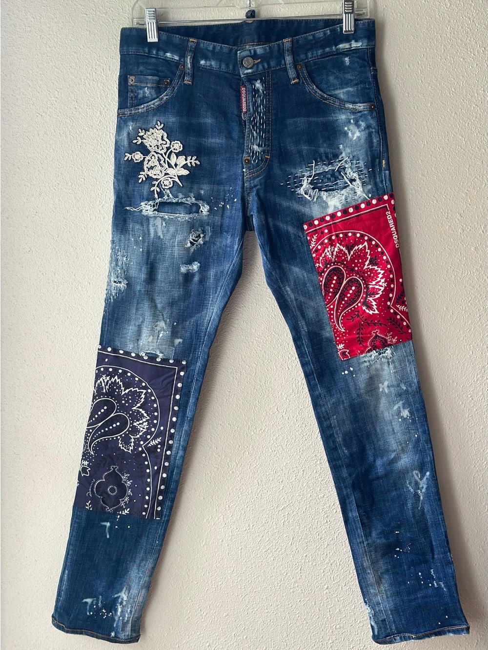 DSQUARED2 Cool Guy Jeans Mens 44 Bandana Patchwork Distressed Embroidered Blue